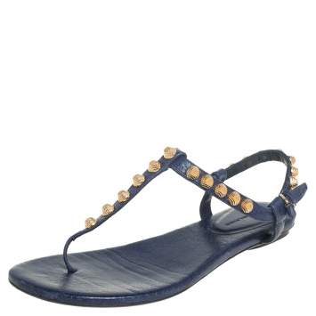 Pre Owned Balenciaga Blue Leather Studded Arena Thong Flat Sandals Size 37.5