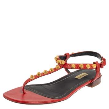Pre Owned Balenciaga Red Leather Studded Thong Flats Size 40