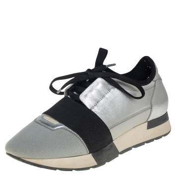 Pre Owned Balenciaga Grey/Black Fabric And Leather Race Runner Sneakers Size 38