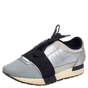 Pre Owned Balenciaga Grey/Silver Leather And Knit Fabric Race Runner Sneakers Size 38