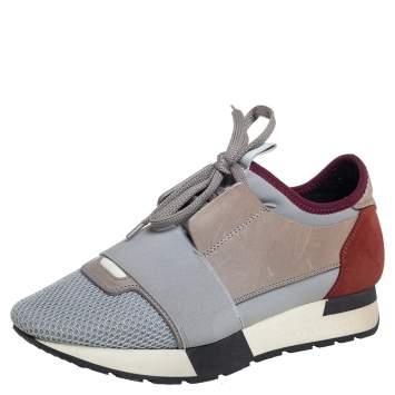 Pre Owned Balenciaga Grey/Burgundy  Leather And Suede Race Runner Sneakers Size 36