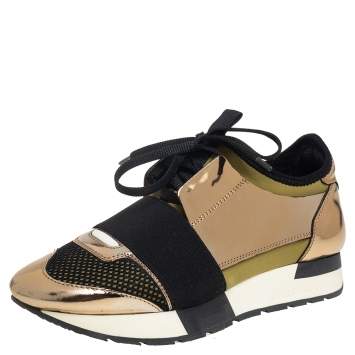 Pre Owned Balenciaga Gold/Black  Leather And Suede Race Runner Sneakers Size 36