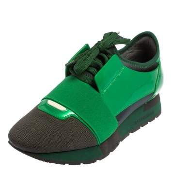 Pre Owned Balenciaga Green/Grey Patent Leather And Knit Fabric Race Runner Sneakers Size 36
