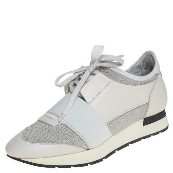 Pre Owned Balenciaga Cream White Leather and Shimmery Fabric Race Runner Sneakers Size 38