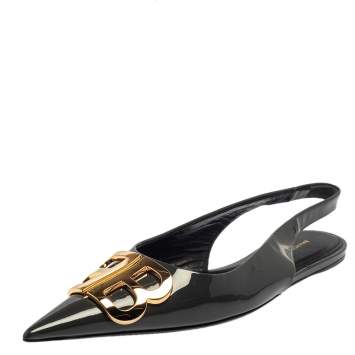 Pre Owned Balenciaga Dark Army Green Patent Leather BB Knife Slingback Sandals Size 38