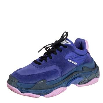 Pre Owned Balenciaga Purple Nylon And Suede Triple S Low Top Sneakers Size 37