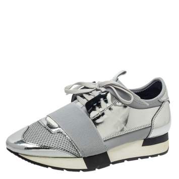 Pre Owned Balenciaga Metallic Silver/Grey Race Runner Sneakers Size 38