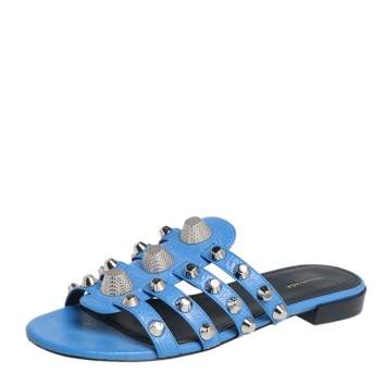 Pre Owned Balenciaga Blue Leather Studded Slide Sandals Size 38