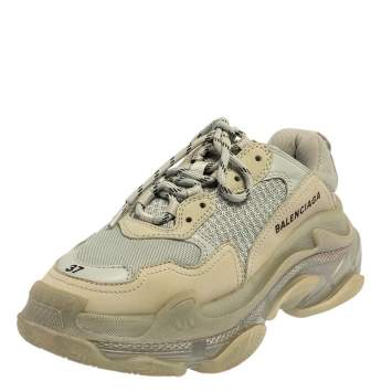 Pre Owned Balenciaga Grey Mesh And Leather Triple S Low Top Sneakers Size 37