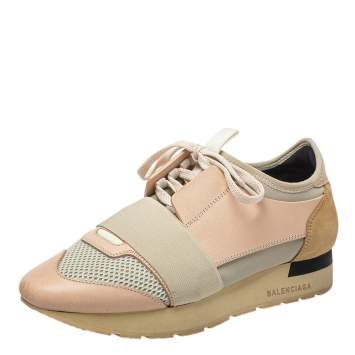 Pre Owned Balenciaga Pink/Grey Leather, Mesh Race Runner Sneakers Size 37