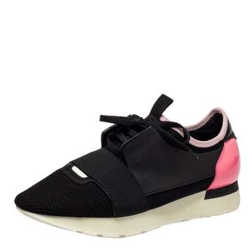 Pre Owned Balenciaga Pink/Black Mesh And Leather Race Runner Sneakers Size 40