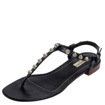 Pre Owned Balenciaga Black Leather Studded Ankle Strap Flat Sandals Size 39