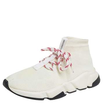 Pre Owned Balenciaga Cream Knit Fabric Speed Lace Up Trainer Sneakers Size 39