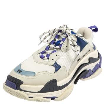 Pre Owned Balenciaga White/Purple Mesh And Leather Triple S Low Top Sneaker Size 38