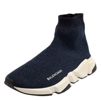 Pre Owned Balenciaga Navy Blue Shimmery Knit Fabric Speed Trainer High Top Sneakers Size 40