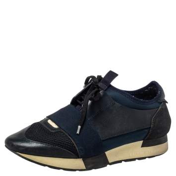 Pre Owned Balenciaga Blue/Black Leather And Mesh Race Runner Sneakers Size 39