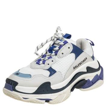 Pre Owned Balenciaga White/Blue Leather And Mesh Triple S Chunky Sneakers Size 36