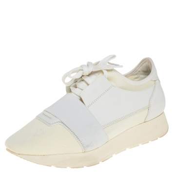 Pre Owned Balenciaga Cream/White Leather and Fabric Race Runner Sneakers Size 37