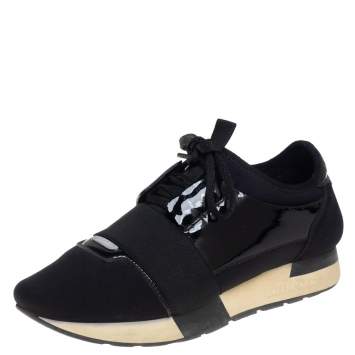 مملوكة مسبقًا Balenciaga Black Patent Leather and Neoprene Race Runner Sneakers Size 38