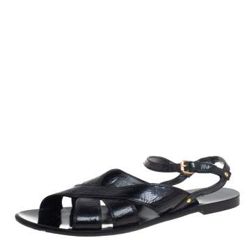 Pre Owned Balenciaga Black Glossy Leather Crisscross Flat Sandals Size 37