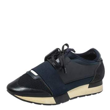 Pre Owned Balenciaga Black/Blue Leather And Mesh Race Runner Sneakers Size 38
