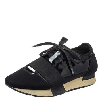 Pre Owned Balenciaga Black Patent Leather And Neoprene Race Runner Low Top Sneakers Size 38