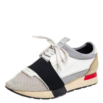 Pre Owned Balenciaga Multicolor Mesh And Leather Race Runner Low Top Sneakers Size 38