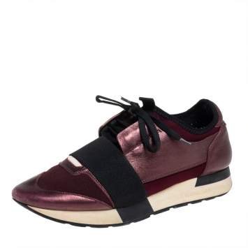 Pre Owned Balenciaga Burgundy Leather And Fabric Race Runner Sneakers Size 39