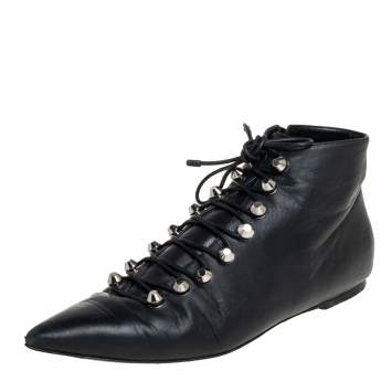 Pre Owned Balenciaga Black Leather Pointed Toe Lace Up Ankle Boots Size 40