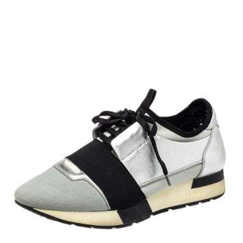 مملوكة مسبقًا Balenciaga Silver/ Grey Leather And Fabric Race Runner  Sneakers Size 38