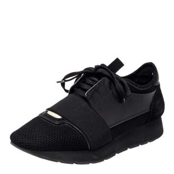 Pre Owned Balenciaga Black Leather And Mesh Race Runner Sneakers Size 38