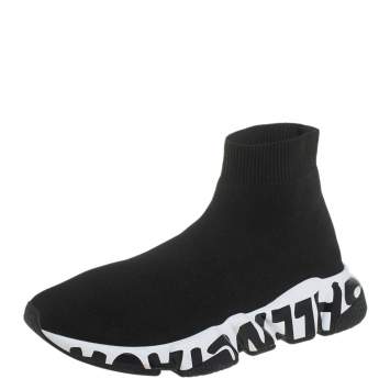 Pre Owned Balenciaga Black Knit Fabric Speed Trainer High Top Sneakers Size 37