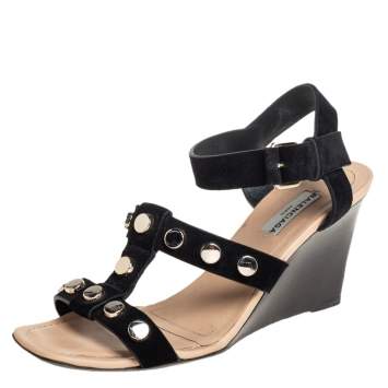 مملوكة مسبقًا Balenciaga Black Suede Wedge Sandals Size 37