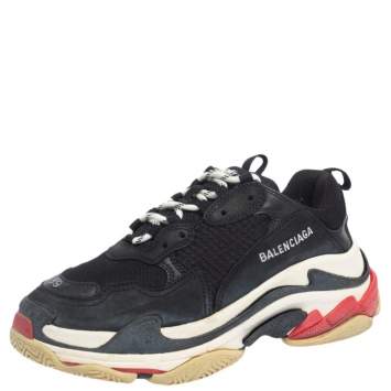 Pre Owned Balenciaga Black Leather And Mesh Triple S Low Top Sneakers Size 39