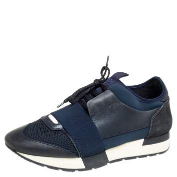 Pre Owned Balenciaga Black/Navy Blue Leather, Mesh Race Runner  Sneakers Size 39