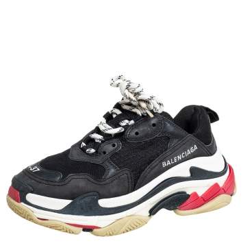 Pre Owned Balenciaga Black Mesh And Nubuck Leather Triple S Low Top Sneakers Size 37