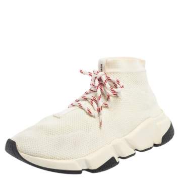 Pre Owned Balenciaga Cream Knit Fabric Speed Trainer Lace Up High Top Sneakers Size 39
