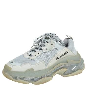 Pre Owned Balenciaga Grey Mesh And Leather Triple S Clear Sole Low Top Sneakers Size 38