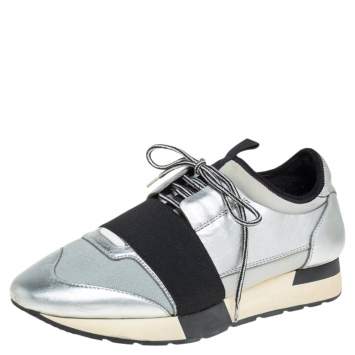 Pre Owned Balenciaga Silver Leather And Knit Fabric Race Runner Low Top Sneakers Size 38