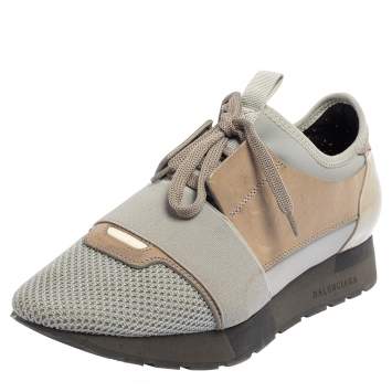 Pre Owned Balenciaga Grey/Brown Mesh And Suede Race Runner Low Top Sneakers Size 38