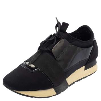 Pre Owned Balenciaga Black Patent Leather And Neoprene Race Runner Low Top Sneakers Size 37