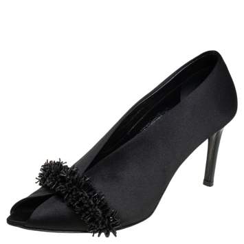 Pre Owned Balenciaga Black Satin And Patent Bead Embellished Peep Toe Pumps Size 37