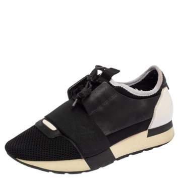 Pre Owned Balenciaga Black/White Patent Leather, Leather and Mesh Race Runner Sneakers Size 37