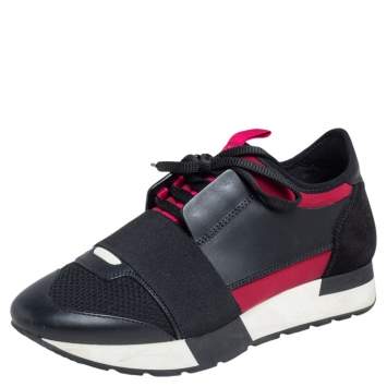Pre Owned Balenciaga Fuchsia/Black Leather and Mesh Race Runner Sneakers Size 36