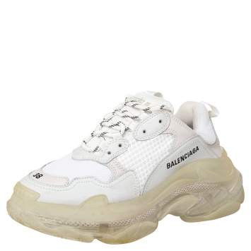 Pre Owned Balenciaga White Mesh And Leather Triple S Clear Sole Low Top Sneakers Size 38