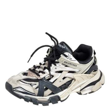 Pre Owned Balenciaga Cream White/Black Leather and Mesh Track2 Sneakers Size 38