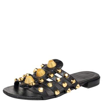 Pre Owned Balenciaga Black Leather Arena Studded Strappy Flat Slides Size 39