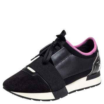 Pre Owned Balenciaga Black/Pink Leather and Suede Race Runner Sneakers Size 38