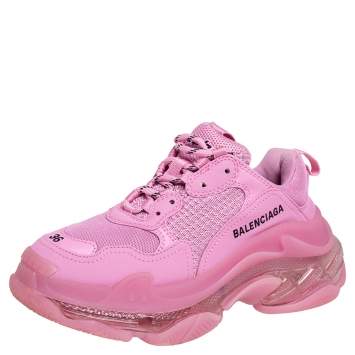 Pre Owned Balenciaga Pink Leather And Mesh Triple S Clear Sole Low Top Sneakers Size 36