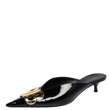 Pre Owned Balenciaga Black Patent Leather BB Knife Sandals Size 38